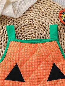 万圣节南瓜图案婴儿连体衣，可爱笑脸图案，柔软连体衣 - 橘色 - 查看 3