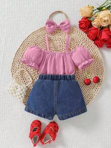 2pcs/Set Baby Girls' Fashion Casual Denim Outfit With Bow Decor - Pink - View 2