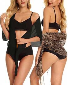 CHICGAL 2 Pieces Women Beach Sarong Bathing Suit Wrap Skirt Sheer Bikini Swimsuit Cover Ups Swimwear - 棕色豹紋和黑色 - 查看 2