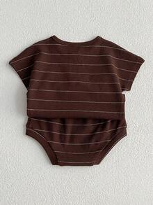 2pcs/Set Young Boy Striped Short Sleeve Top And Triangular Crotch Shorts, Spring/Summer - Brown - View 2