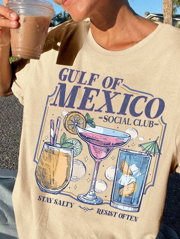Gulf Of Mexico Cocktail Print Pattern Loose Fitting Short Sleeve Casual T-Shirt, Suitable For Summer Beach Vacation, Great Gift For Girlfriend