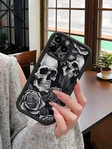 万圣节手机壳骷髅 1 件奢华哑光黑烟骷髅设计防震手机壳带细孔镜头保护，兼容 Apple/Redmi/Infinix/Vivo 防水防摔防刮 - 黑色 - 查看 4