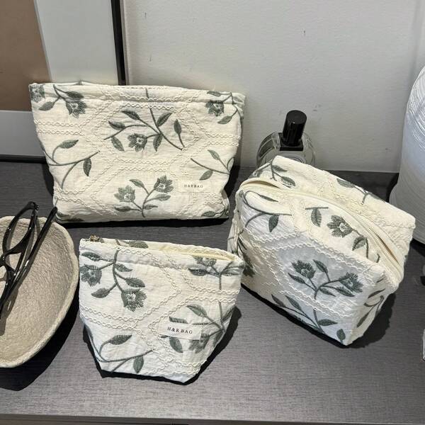 Conjunto de 1 bolsa de cosméticos com estampa floral verde e base branca, combinada com uma bolsa de maquiagem simples com zíper e moldura em formato de losango branco, ideal para viagens de férias. Ideal para batom, pincéis, produtos para a pele, celular, moedas, itens pequenos, para casa, presentes, feriados, Halloween, Natal - [H&R BAG]