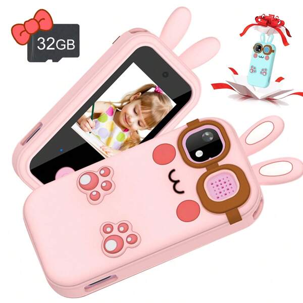 Téléphone intelligent pour enfants, jouet de smartphone mignon rose pour ados, design lapin avec lunettes, double caméras haute définition et écran tactile - boîtier en plastique durable, convient aux garçons et filles de 3 à 10 ans, cadeau parfait pour anniversaire et fêtes, outil de voyage | Téléphone de dessin animé | Téléphone couleur, écran tactile 2,4 pouces, jouet téléphone d'apprentissage pour tout-petits avec double caméra, jeu, lecteur de musique