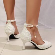 Elegant Pearl Chain Decor Pointed Toe Stiletto Heels, French Romantic Lace Upper Fashionable Women's High Heel Sandals