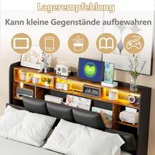 Upholstered Bed 140x200 Cm With Storage Headboard, Modern Double Bed Frame 140x200 Cm With Slatted Frame, Bed Box, Hydraulic Double Bed, Without Mattress, Black, PU Leather (160x200cm) - 黑色 - 查看 6
