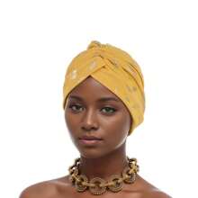 1PC Fashionable Versatile Feather Metallic Gold Print India-Style Head Wrap Turban, Cancer Chemo Hat For Hair Coverage