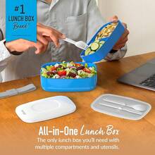 Clásico - Caja Bento para Adultos, Caja de Almuerzo Apilable de 3 Compartimentos con Juego de Cubiertos Desmontable y Correa de Sellado, Libre de BPA, Contenedor de Alimentos para Preparación de Comidas, Trabajo y Viajes (Gris) - Azul - Ver 3