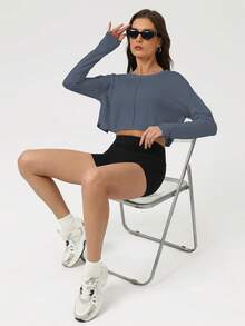 Sodalemon Women Training Sport Fitness Gym Hollow Out Back Loose Smock Shirt Crop Top Soft Long Sleeve Yoga T-Shirt