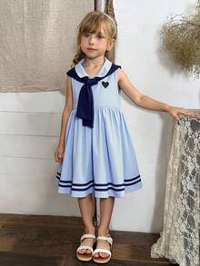 Young Girl' Striped Collar Heart Embroidery Dress + Minimalist Solid Color Shawl - Blue and White - View 3