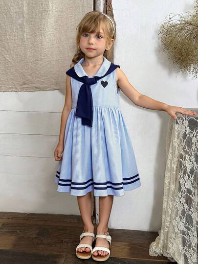 Young Girl' Striped Collar Heart Embroidery Dress + Minimalist Solid Color Shawl
