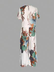 Floral Print Short Sleeve Top And Pants Set, Simple Commuter Style Fashion Outfit With Side Pockets