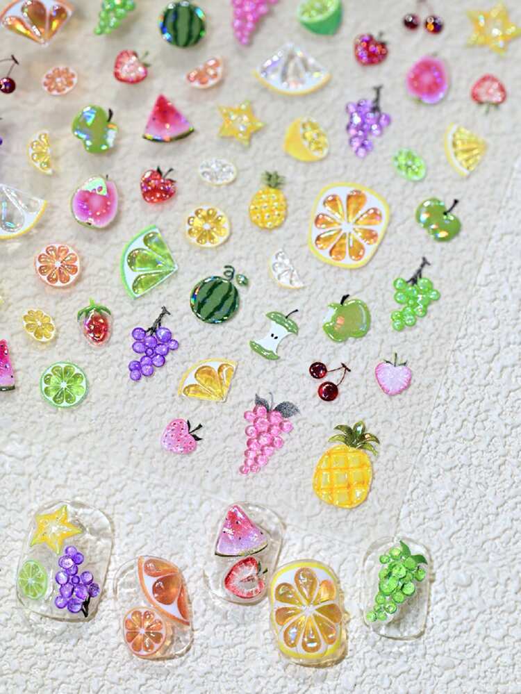 1片装水果主题美甲贴纸，3D果冻浮雕美甲贴纸，新款葡萄、草莓、柠檬、苹果图案，适合DIY美甲，设计精美。 - 彩色 - 查看 4