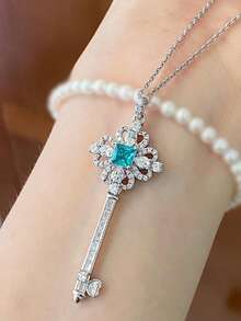 2 件罕见设计帕拉伊巴彩色方晶锆石镶嵌钥匙项链和戒指套装，精致时尚女士珠宝，适合日常、度假、派对，适合送给闺蜜的礼物 - 寶藍色 - 查看 3