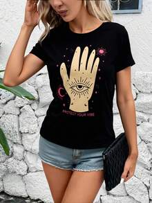 Playera Estampada Cuello Redondo Manga Corta para Mujer   Mano  Figuras  Galaxia  Geométrico  Ilustración    Casual    Las mezclas de algodón    Cintura Ajustada    Playera esmpada de mujer  Casa  Diario  Calle    todo el año - Negro - Ver 2