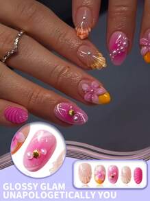 24 PIEZAS Uñas postizas ovaladas cortas en tonos nude rosa y naranja ombré con decoraciones de concha 3D, margarita y perla - Kit de puntas de uñas falsas de calidad de salón reutilizables con pestañas adhesivas y lima mini para uso diario, fiestas de playa y celebraciones de mujeres