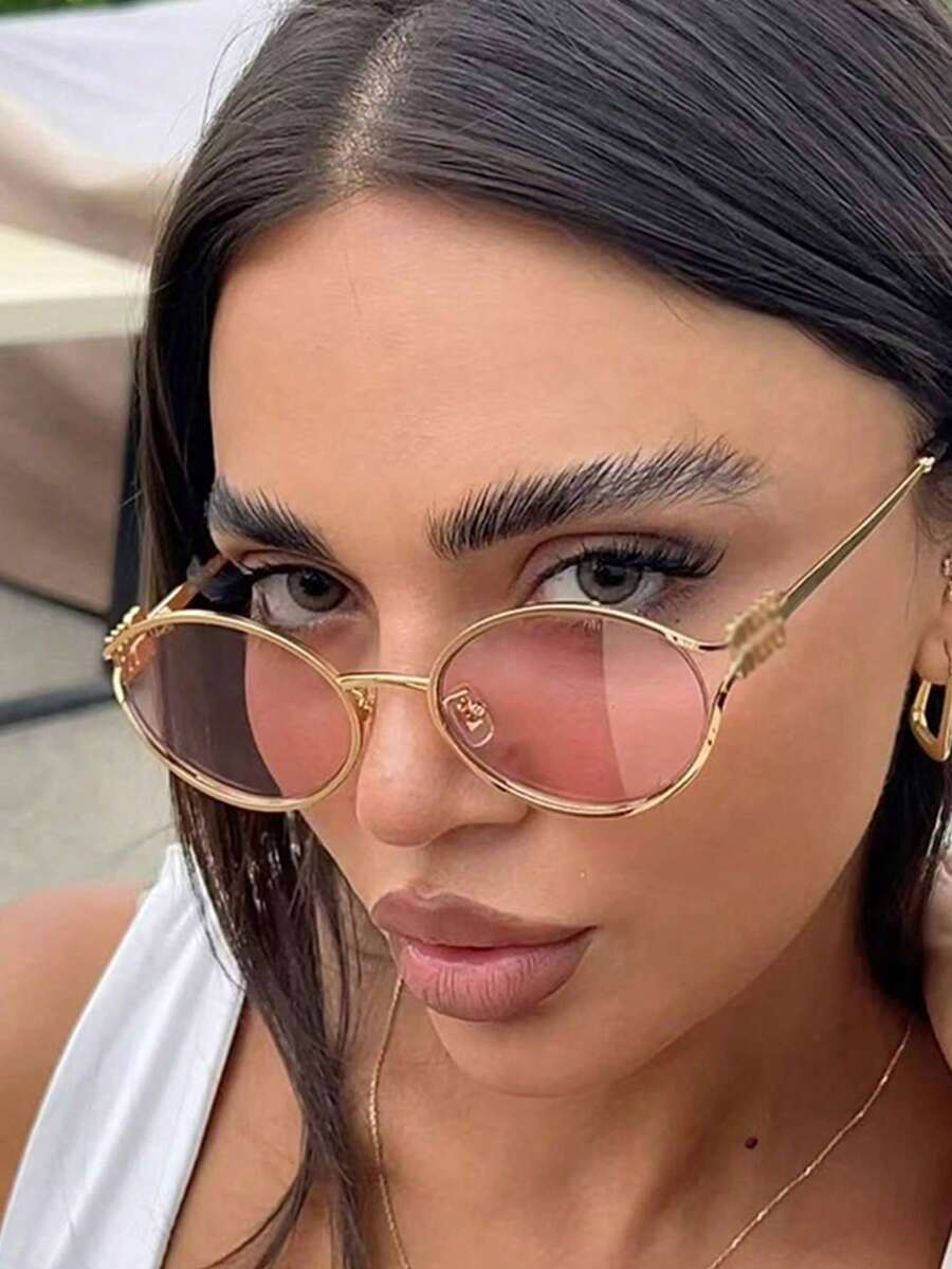 1 Peça Óculos de Moda Retrô Oval Y2K, Adequado para Viagem, Férias, Acessórios de Praia, Acessório Básico de Roupa de Outono/Inverno - Rosa chiclete - Visão 1
