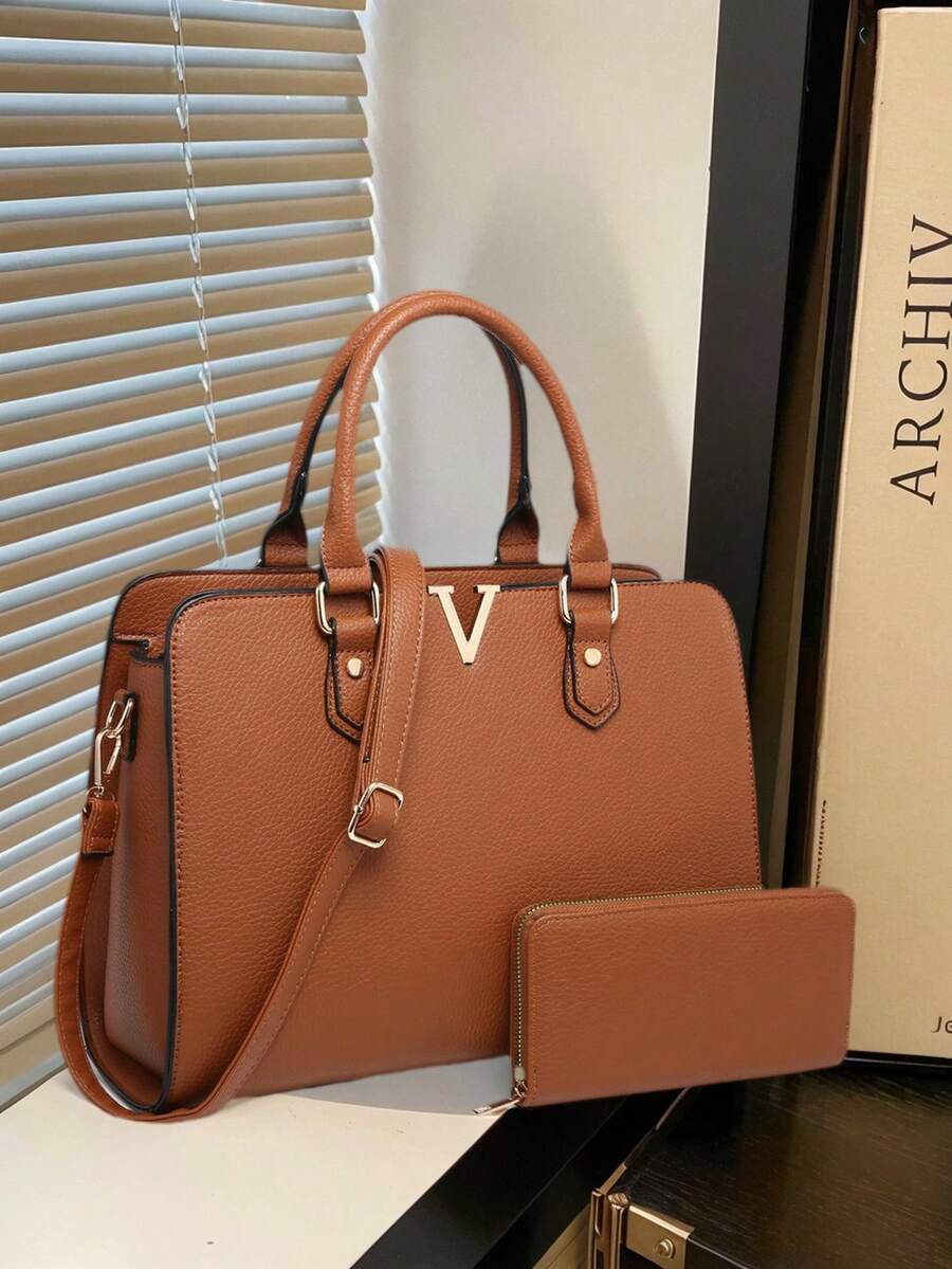 TEPILTE Women's Fashion Tote Bag Handbag And Wallet Two Piece Set, Top Handle Women's Shoulder Bag Crossbody Bag, Multi-Compartment Travel Bag Clutch Bag With Shoulder Strap For Shopping, Work, Travel - 棕色 - 查看 1