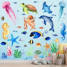 2/5pcs/Set Magical Underwater World Wall Stickers, PVC Removable Marine Animals Decals For Kids Room, Nursery, Decoration, Self-Adhesive Waterproof Wallpaper, Suitable For Summer Holiday, Birthday Party, Early Education, Home Decor