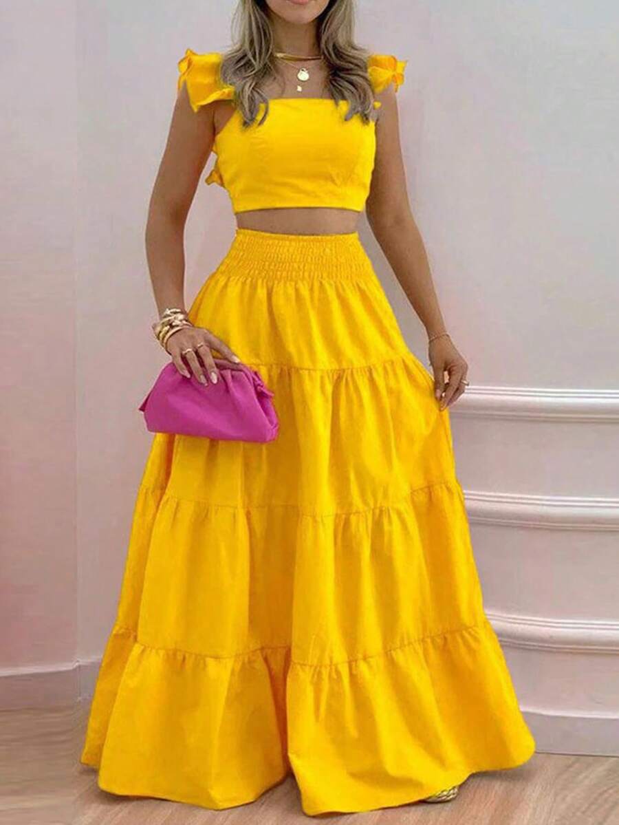 ZIAI Bộ đồ 2 món thời trang mùa hè 2025 mới dành cho nữ, gồm váy hai dây cạp trung, kiểu dáng xòe, họa tiết bắt mắt.