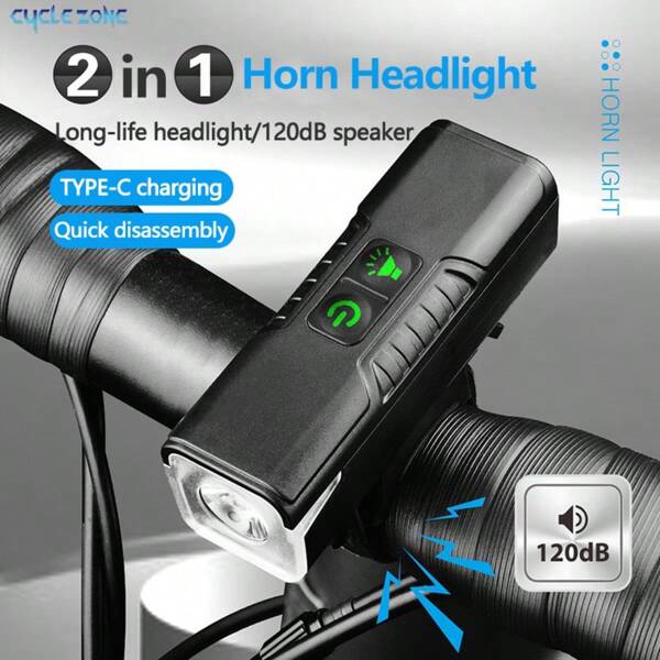Rechargeable LED Bike Front Light With Horn, 2-In-1 Bicycle Headlight, Long Battery Life, Portable And Convenient For Nighttime Cycling
