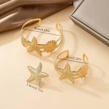 3 Peças Conjunto de Pulseira, Bracelete e Anel de Estilo Oceânico da Moda com Estrela do Mar e Concha, Presente para Mulheres, Adequado para Férias e Uso Diário