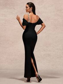 Women's Elegant Asymmetric Rhinestone Embellished Long Sleeve Knit Dress With Zipper, Suitable For Party Occasions Wedding Black - Black - View 2