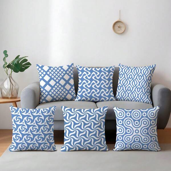 6pcs Minimalist Blue & White Geometric Throw Pillow Covers, Single-Sided Printed Soft Plush Fabric, 45*45CM Cushion Covers For Home Bedroom Living Room Decor, Decorative Pillow Case Gift