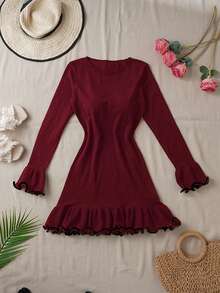 Kami's FALL Pulloverkleid, europäischer und amerikanischer Stil, sexy gewellter Rand Damen Minikleid, Kawaii, Streetwear, Chic, geeignet für Partyoutfits, Halloween, Weihnachten, Oberteile