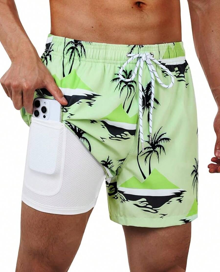 Swim Trunks Mens 5 Inch Inseam Compression Liner Short Men Bathing Suit Lined Swimming Shorts Men's Swim Suits - Beach Green - View 1
