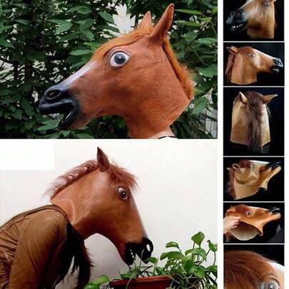 1个马头面具，角色扮演服装，化装舞会趣味马头套，万圣节派对装饰，狗/马王动物头套，独角兽面具，橡胶黑马恶搞道具，各种派对配饰面具（此头饰由橡胶制成。印刷和染色不均匀属于正常现象。）