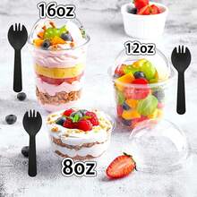 100Pcs Plastic Dessert Cups With Dome Lids (No Hole) And Sporks, 8oz/12oz/16oz Clear Disposable Yogurt Parfait Cups, No Leaking Individual Party Snack Cups For Cake, Mousse, Milkshake, Yogurt, Ice Cream, Fruits - 透明 - 查看 1