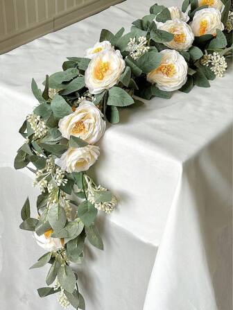 1pc Artificial Eucalyptus Flower Wreath With Fake Rose Vine And Eucalyptus Leaves, Suitable For Wedding Tablecloth, Party Backdrop And Room Decoration