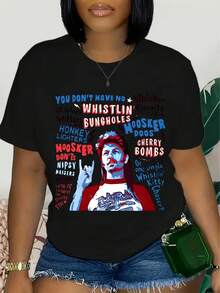 Plus Size Women's American Flag Soft Stretchy Patriotic American Flag T-Shirt, Round Neck Short Sleeve Top, Spring & Summer Casual Sportswear, Ladies' Daily Wear, Relaxed Fit Machine Washable, Casual Style For All Seasons For Independence Day - 黑色 - 查看 1