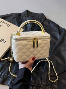 1 pieza Bolso en forma de caja con patrón de rombos de la marca BEIKAMU, monedero para maquillaje, elegante bolso bandolera con cadena para el hombro