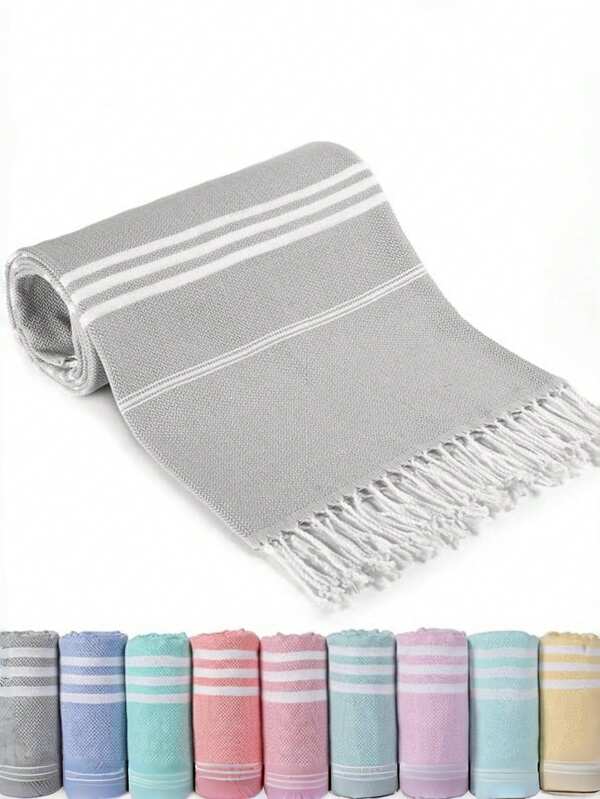 1pc Classic Series Durable Non-Shrink Turkish Tassel Beach Towel, Available In Multiple Sizes, Sand-Proof, Quick-Drying, Lightweight, Suitable For Beach, Spa, Travel, Striped Sports Towel, Bathroom Towel, Ideal For Halloween, Christmas Gifts, Autumn/Winter