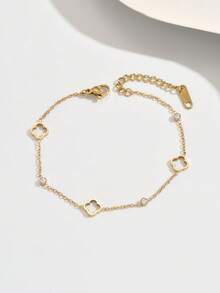 1pc Stainless Steel Four Leaf Clover Bracelet, Minimalist And Fashion, Suitable For Various Occasions - Yellow Gold - View 2
