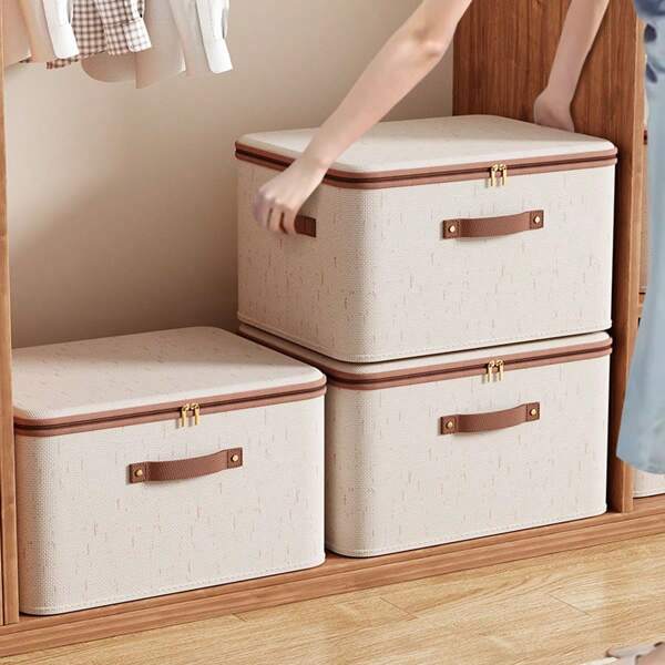 1 pieza Caja de almacenamiento de tela con tapa, organizador de ropa/juguetes de lino, contenedor de almacenamiento plegable para el dormitorio