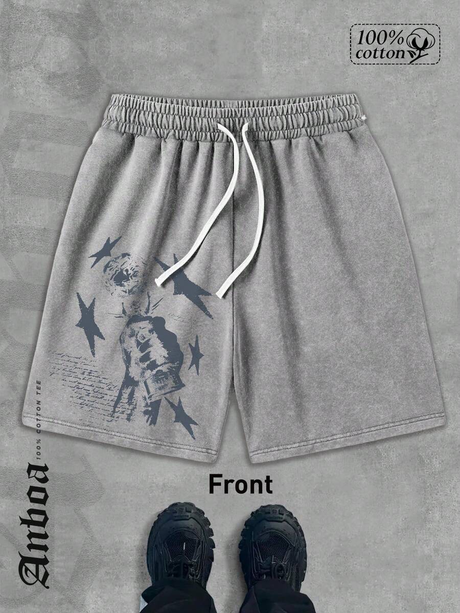 Unique Skull Design Gradient Washed Shorts, Y2K 100% Cotton Men's Graphic Print Shorts, Men's T-Shirts, Custom Men's Tops, Men's Shirts, Summer Shorts, Personalized T-Shirts, Men's Graphic Shorts - Xám - Xem 1