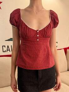 Women Y2k Fairy Grunge Button Shirts Lace Trim Square Neck Crop Top Short Sleeve Slim Fit T -Shirt Tees Going Out Blouse Tops Beach Vacation Tops For Teen Girls Summer Casual Streetwear Vintage 90s Aesthetic Clothes - Đỏ - Xem 4