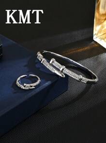 KMT 2 Stück kupferplattiertes Zirkonia Nagel-förmiges Armband + Ring Mode Schmuck Set, luxuriöses Unisex-Accessoire