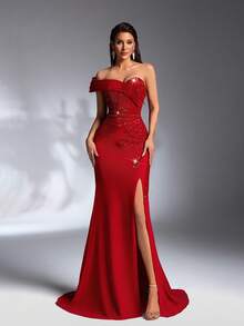 IBTRLY Elegantes Abendkleid mit dehnbarem Stoff, Herzausschnitt, Pailletten und seitlichem hohem Schlitz für Partys, Hochzeiten und Silvester (Größe fällt groß aus, Kunden werden empfohlen, die Größentabelle beim Bestellen zu prüfen) - Bordeaux - Übersicht 8