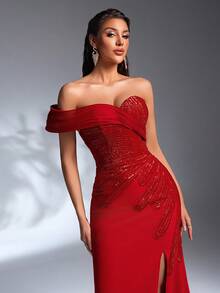 IBTRLY Elegantes Abendkleid mit dehnbarem Stoff, Herzausschnitt, Pailletten und seitlichem hohem Schlitz für Partys, Hochzeiten und Silvester (Größe fällt groß aus, Kunden werden empfohlen, die Größentabelle beim Bestellen zu prüfen) - Bordeaux - Übersicht 9