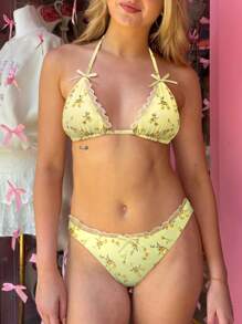 Women 2 Pieces Bikini Swimsuits Floral Print Tie-Up Halter Neck Sleeveless Bra Thong Bottoms Beach Bathing Suit Set