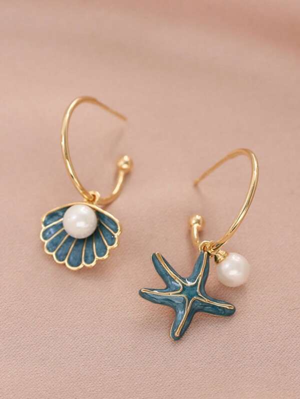 1 Pair Fashion Creative Pearl Sea Star Shell C-Shape Earrings, Suitable For Women Daily, Festival, Party Wear
