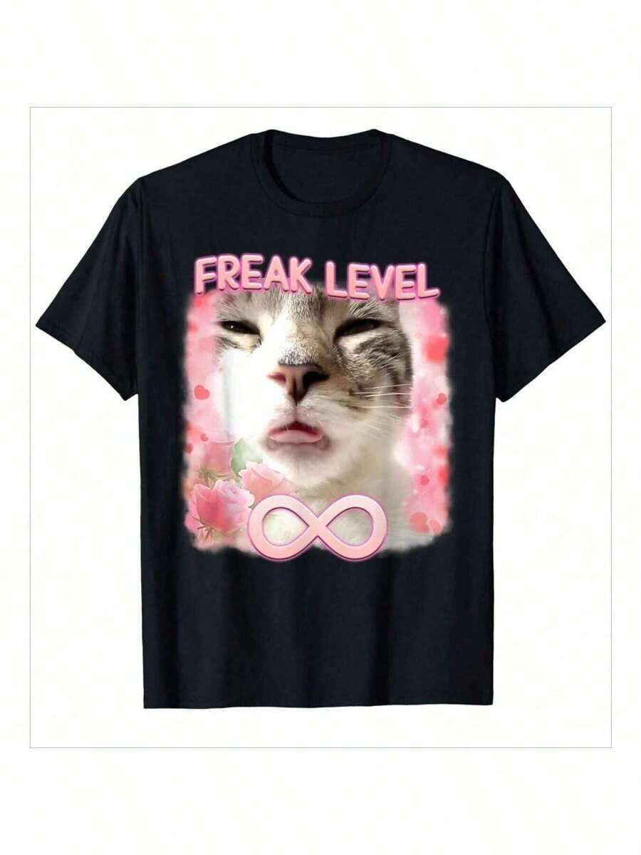 Funny Freak Level Freaky Ahh Cat Meme Gifts Silly Cat T-Shirt, Oversized Short Sleeve Classic Heavy Cotton T Shirt Printed Graphic Tee Women's Casual Short-Sleeved Top - màu đen - Xem 1