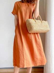 Vestido midi de unicolor para mujer con mangas cortas, minimalista y de moda, adecuado para primavera y verano elegante - Naranja - Ver 3