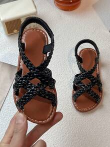 "1 Pair Of Black Vintage Woven Sandals For Boys And Girls 3-12 Years Old | Elastic Drawstring Breathable Woven Park/School/Beach/Outdoors/Party/Show All Right!" - Black - View 6