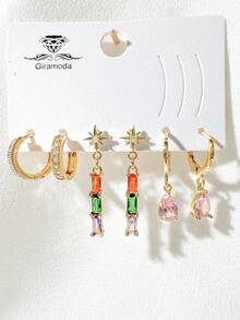 Kit Of 3 Earrings Studded With Zirconia Stone, Small Hoop, Heart Pendant, 18k Gold Plated And 925 Silver - 54 - 查看 1