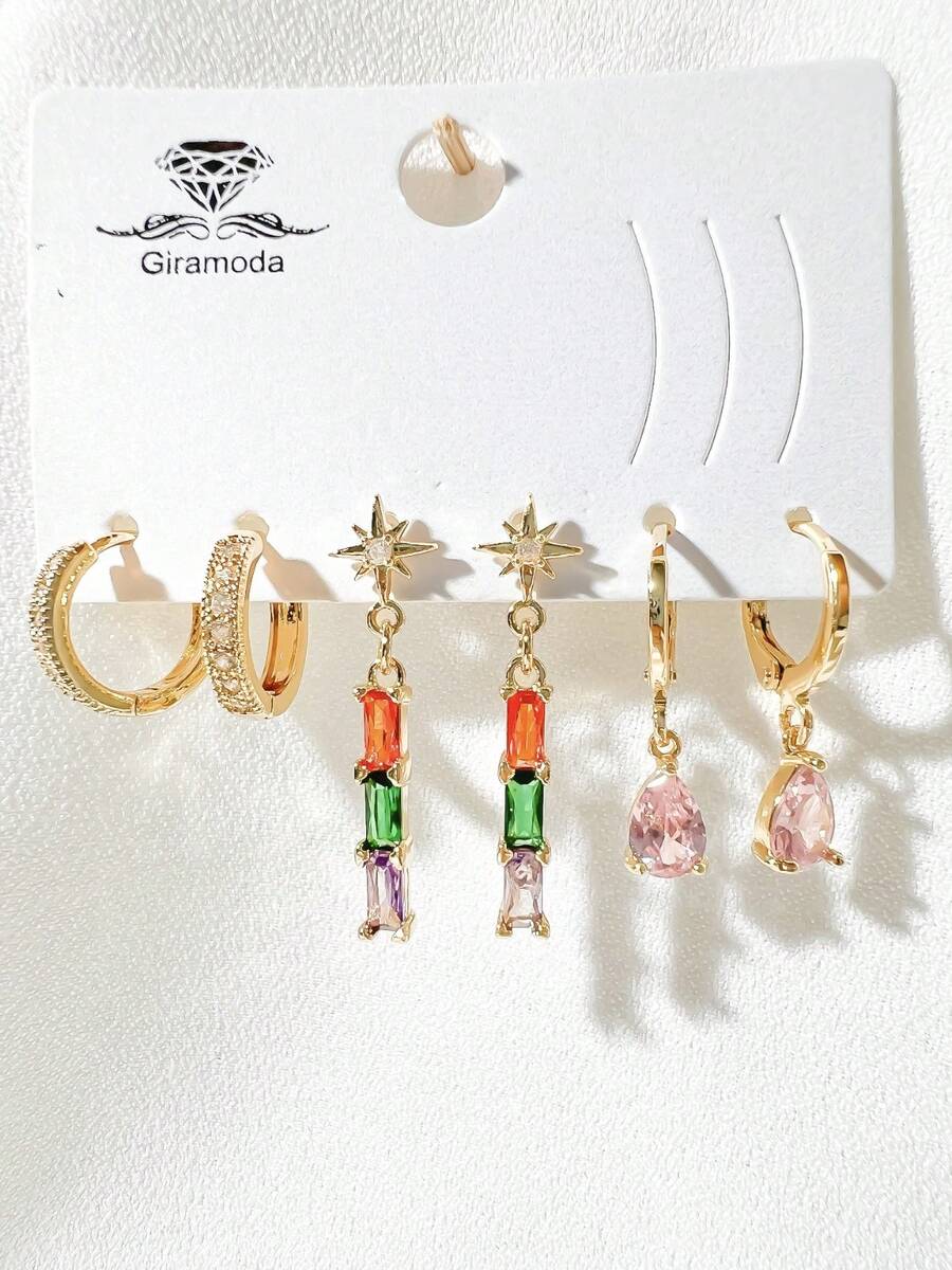 Kit Of 3 Earrings Studded With Zirconia Stone, Small Hoop, Heart Pendant, 18k Gold Plated And 925 Silver - 54 - 查看 1